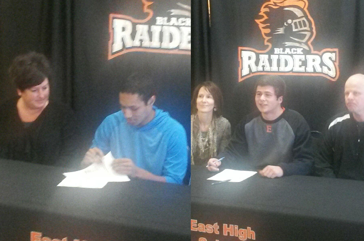 Kaleb Hanks, left, and JJ Stephens of Sioux City East High School signed their National Letter of Intent to play baseball at Marshalltown next season