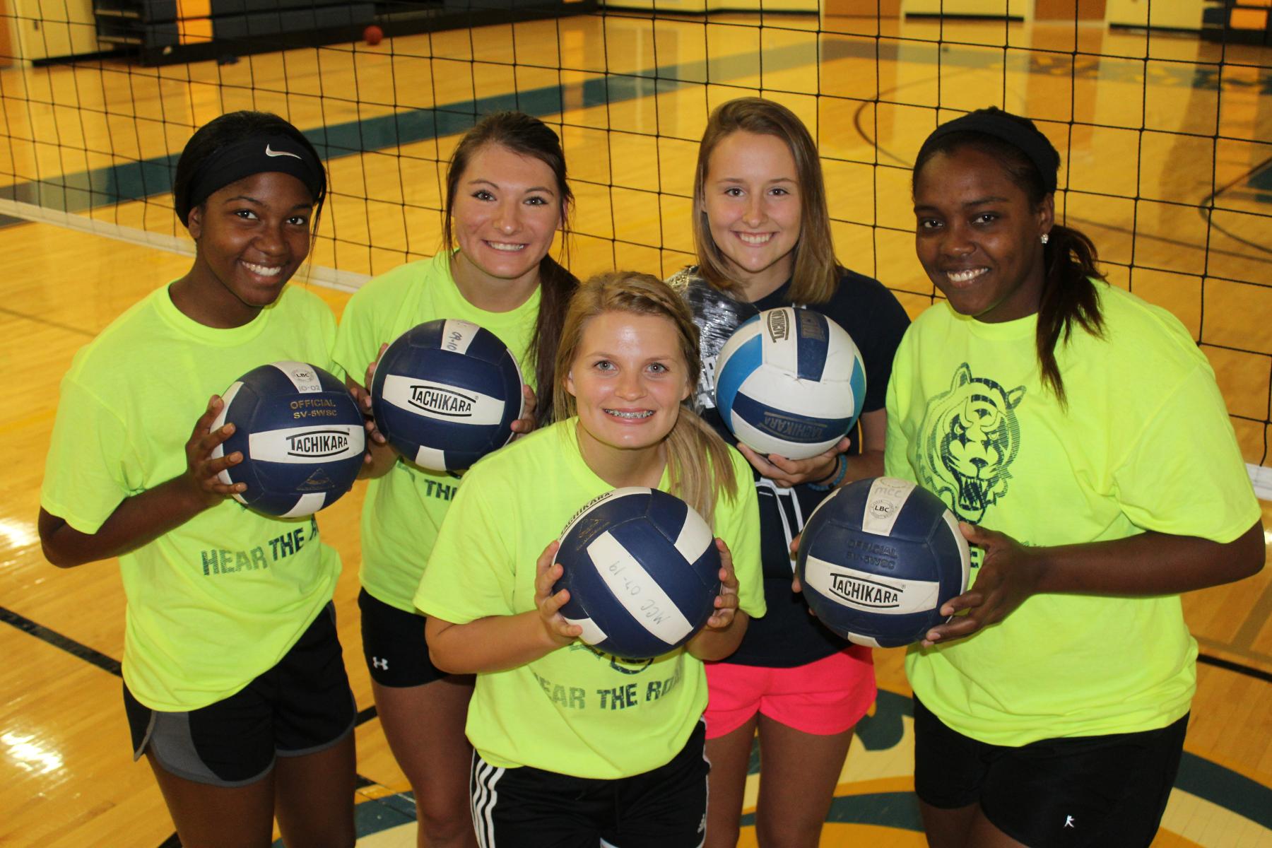 The MCC Volleyball team will depend on its five returning sophomores in 2016. (From L-R: DaNesha Cowley, Jordan Carter, Rieley Rodman, Nicole Montgomery, Paola Toledo)
