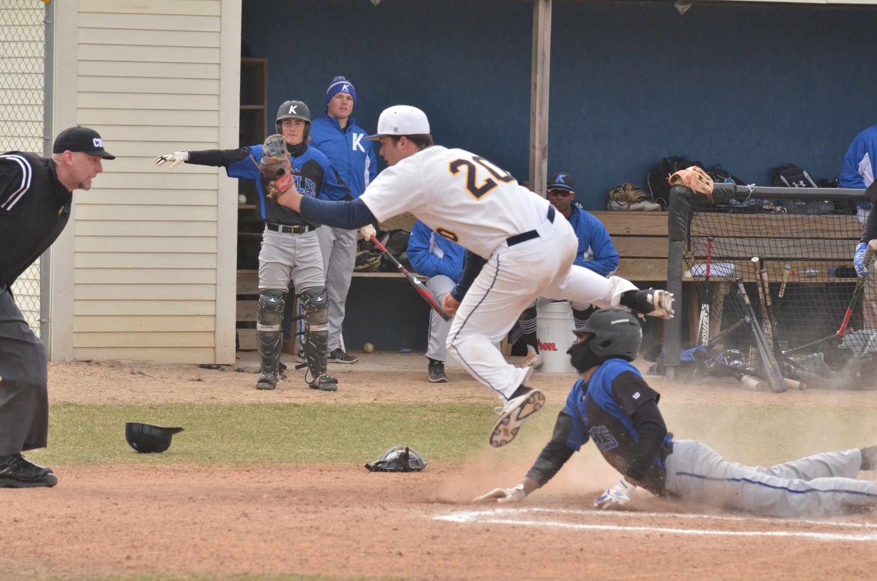 JJ Stephens tags out a runner at home in Wednesday's nightcap vs. Kirkwood