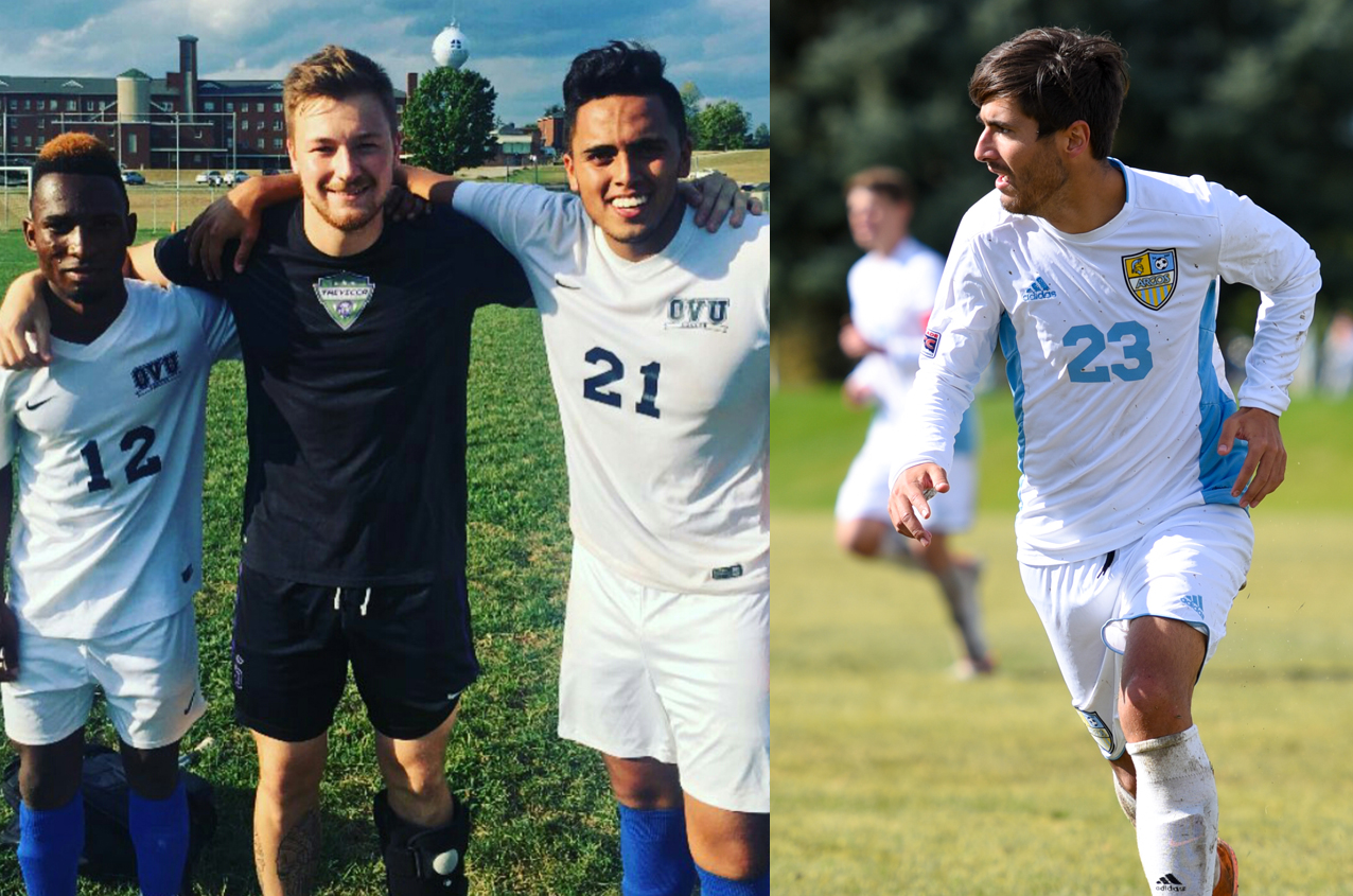 Former Tiger teammates (from L-R) Isaac Moore, Jordan Gilmore, and Daniel Barrera reunited on the pitch this past year while Adrian Gomez (far right) earned all-conference honors at UGF-----------------------                                          Photo Credit- University of Great Falls Athletics